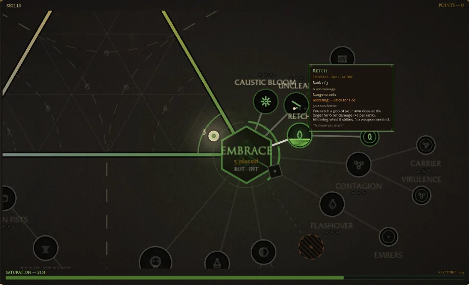 The skill tree in game: the Embrace corner of the Rot triangle, with the Retch skill selected.